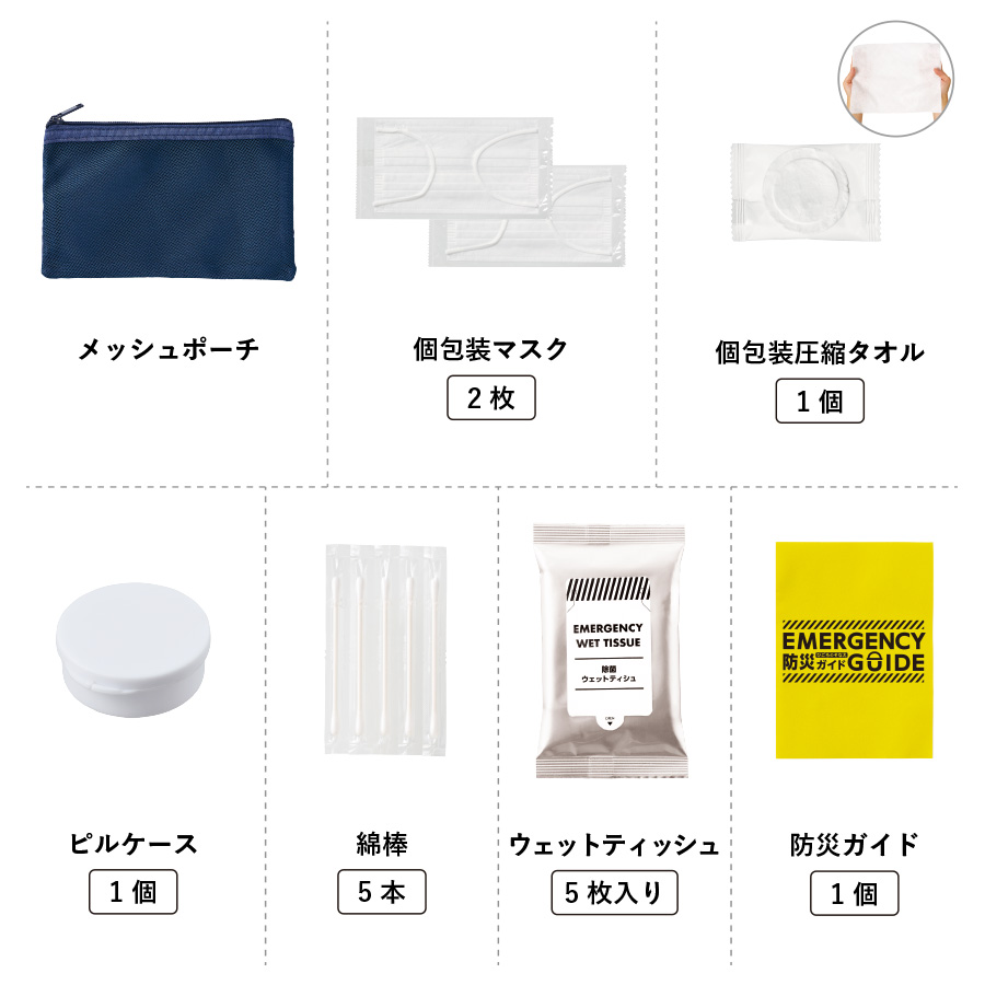 防災緊急7点セット　メッシュポーチタイプ　ネイビー