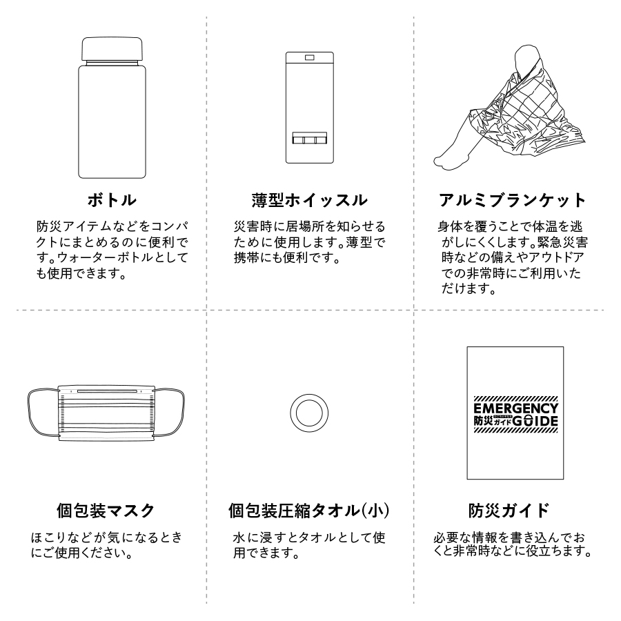 防災緊急6点セット　コンパクトボトルタイプ　ブラック