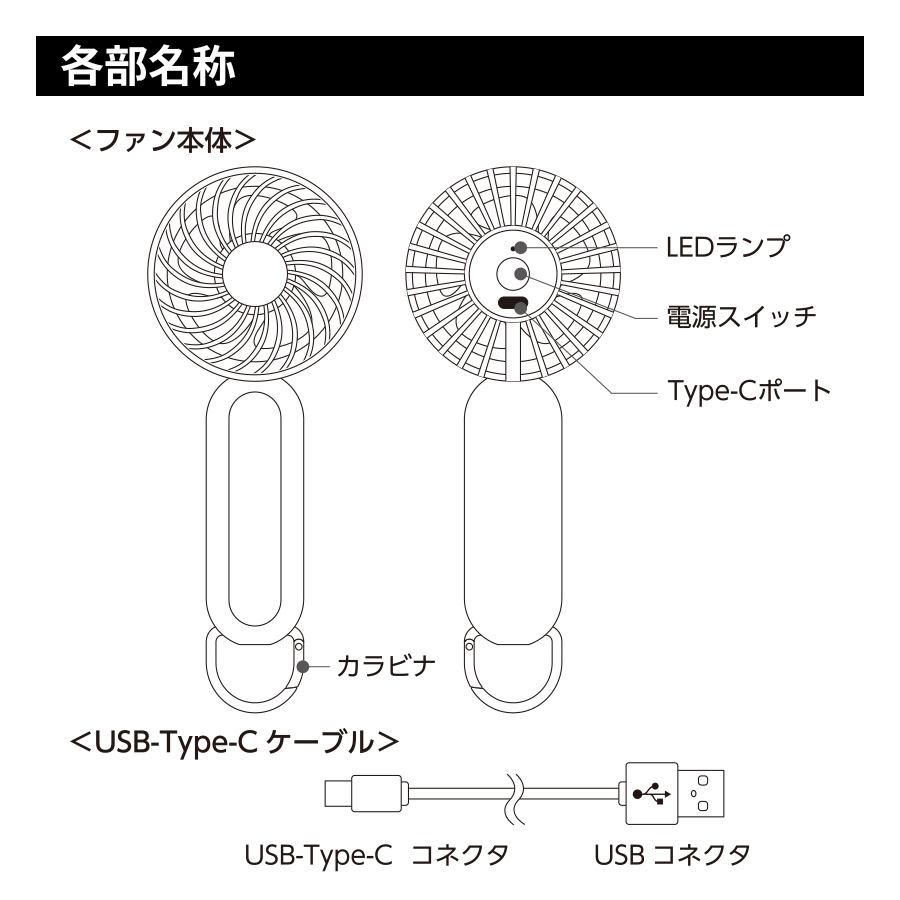 カラビナ付コンパクトハンディファン（準固体使用）