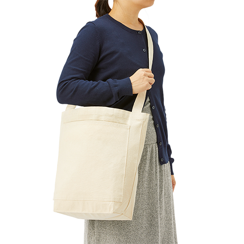 キャンバスフロントポケットショルダートート　ナチュラル