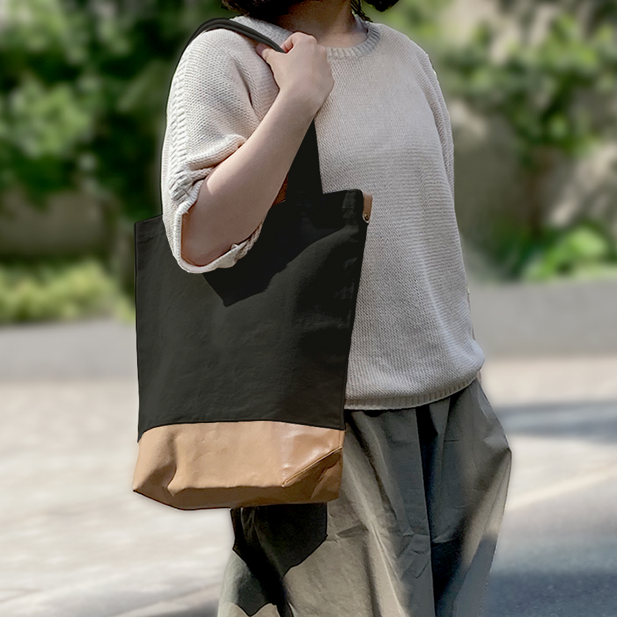 【アウトレット】厚手キャンバスレザーボトムトート　ナイトブラック