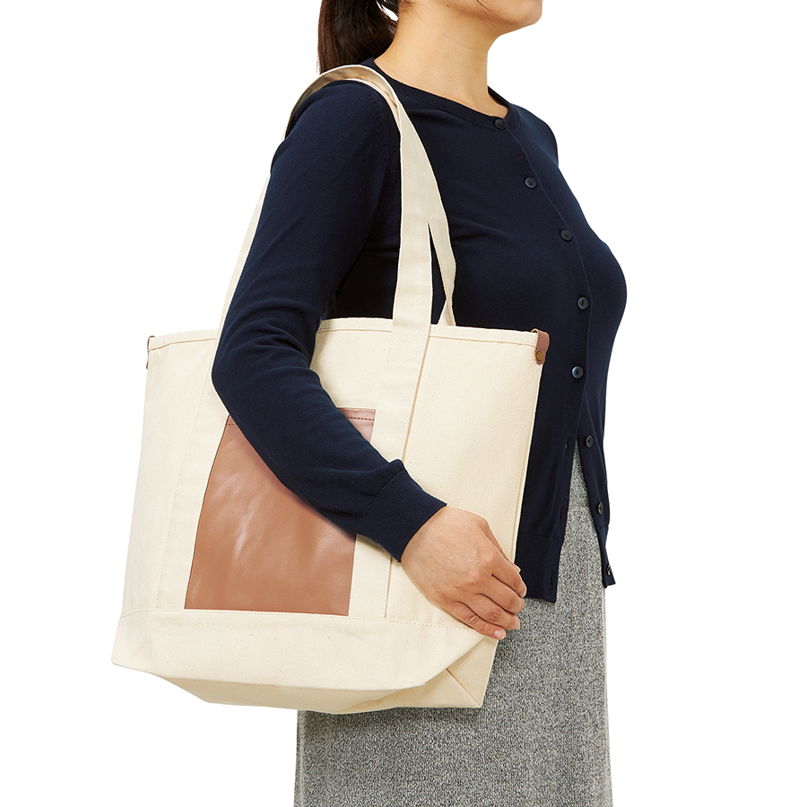 【アウトレット】厚手キャンバスレザーポケットトート　ナチュラル