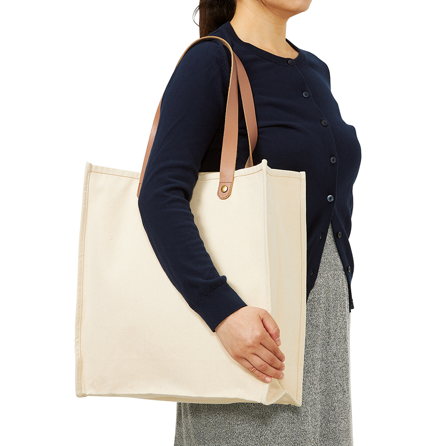 厚手キャンバスレザーハンドルスクエアトート（ナチュラル・ブラック）