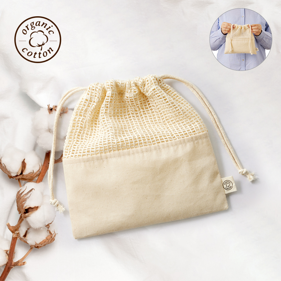 TR-1166-008オーガニックコットンネット巾着（M）　ナチュラル