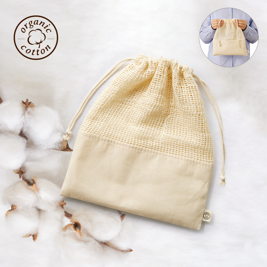 TR-1167-008【アウトレット】オーガニックコットンネット巾着（L）　ナチュラル