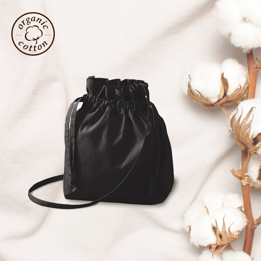 TR-1300-009オーガニック厚手コットン巾着ショルダーバッグ　ブラック