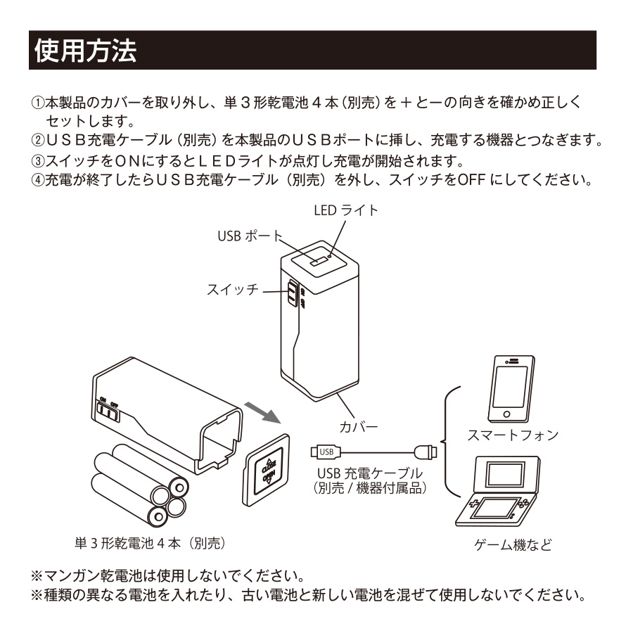 【アウトレット】モバイルチャージャー（単3形乾電池×4本）
