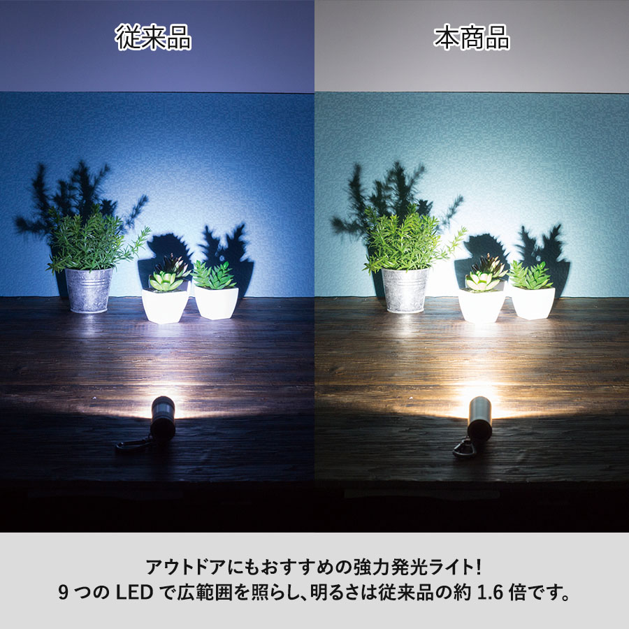 LED９灯カラビナ付ライト　スムース