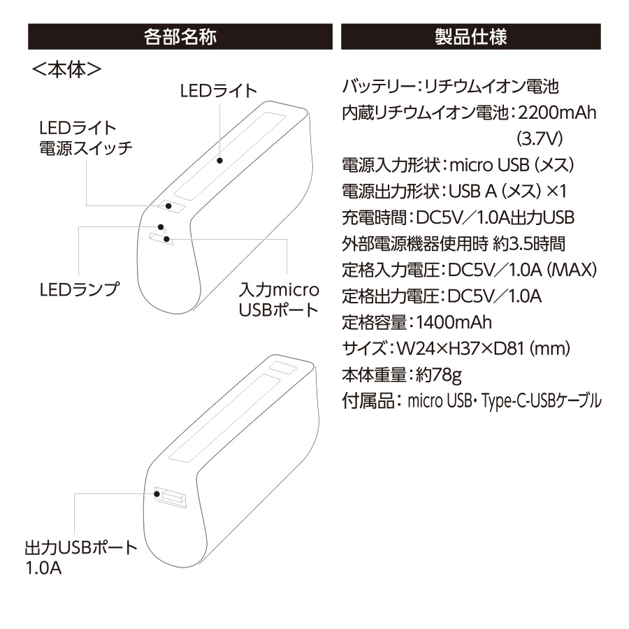 LEDライト付モバイルチャージャー2200