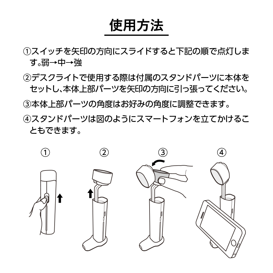デスクライトにもなるUSBハンディライト（チャージャー機能付）