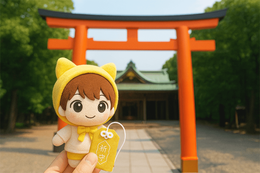 スピリチュアルな場所でぬいと一緒に写真撮影